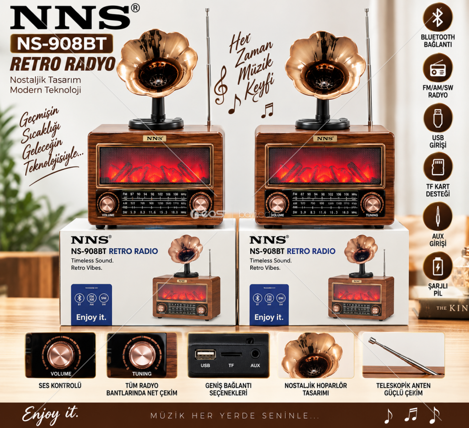 O-KAM OK-NS-02BT BLUETOOTH RETRO GRAMOFON TASARIMLI ŞARJLI RADYO & MÜZİK KUTUSU – USB / TF KART / AUX / FM-AM-SW