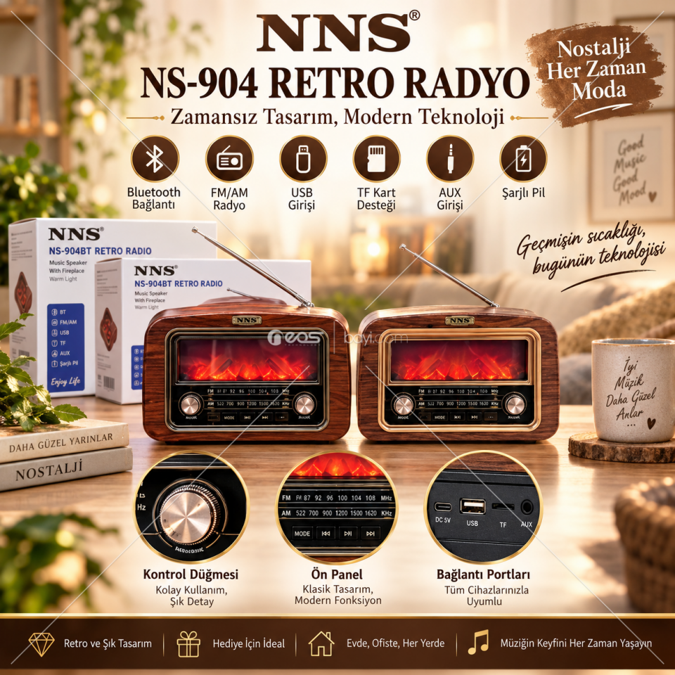 O-KAM OK-NS-904BT Bluetooth’lu Şarjlı Retro Radyo Müzik Kutusu – USB / TF Kart / AUX Destekli, Nostaljik Tasarım