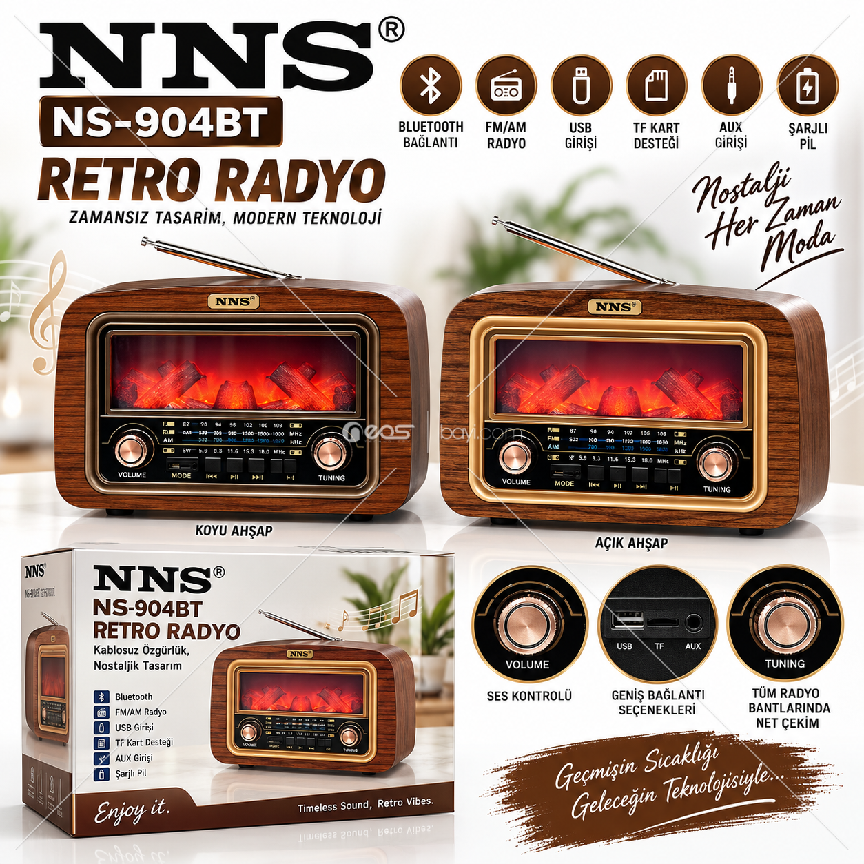 O-KAM OK-NS-04A Bluetooth’lu Şarjlı Retro Radyo Müzik Kutusu – FM/AM Radyo, USB / TF Kart / AUX Destekli, Ahşap Nostaljik Tasarım