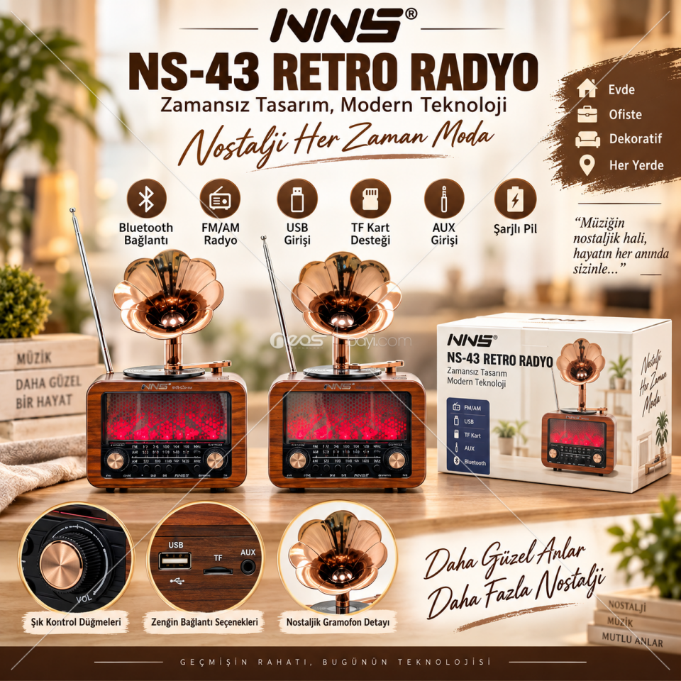 O-KAM OK-NS-04BT Bluetooth’lu Şarjlı Retro Gramofon Tasarımlı Radyo Müzik Kutusu – FM/AM, USB / TF Kart / AUX Destekli