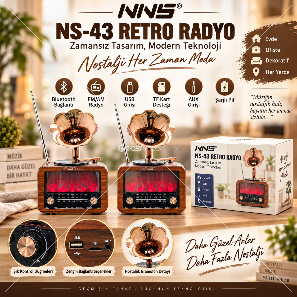 O-KAM OK-NS-04BT Bluetooth’lu Şarjlı Retro Gramofon Tasarımlı Radyo Müzik Kutusu – FM/AM, USB / TF Kart / AUX Destekli