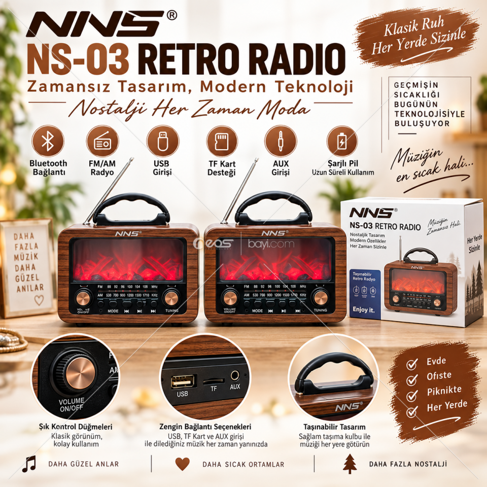 O-KAM OK-NS-03A MÜZİK KUTUSU Bluetooth’lu Şarjlı Retro Radyo Müzik Kutusu – FM/AM, USB / TF Kart / AUX Destekli Nostaljik Tasarım