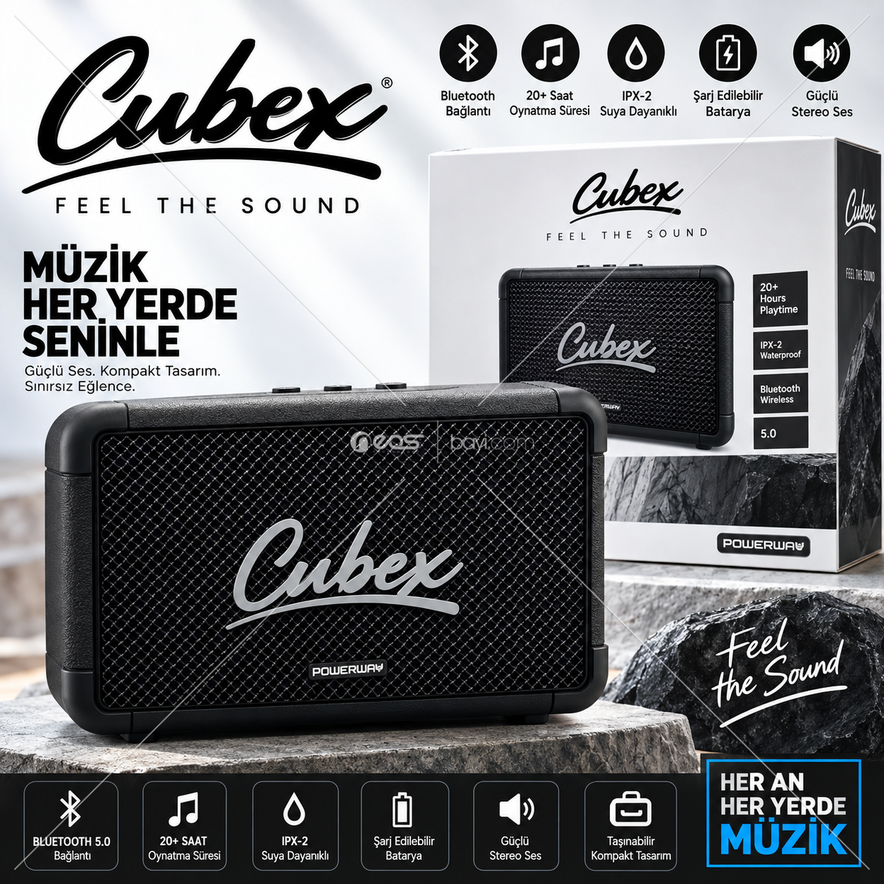 Cubex Bluetooth Hoparlör 40W Güçlü Ses, IPX2 Suya Dayanıklı, 20 Saat Çalma Süresi