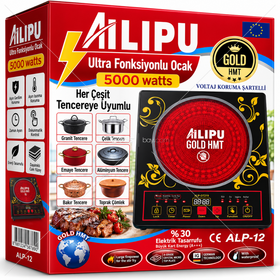 AİLİPU ALP-12 5000W GOLD HMT ULTRA FONKSİYONLU ELEKTRİKLİ OCAK – DOKUNMATİK KONTROLLÜ, TÜM TENCERELERE UYUMLU