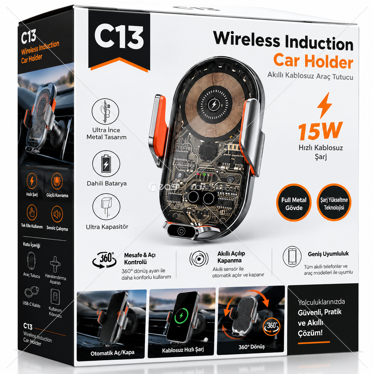 C13 15W HIZLI ŞARJLI AKILLI KABLOSUZ ARAÇ TELEFON TUTUCU – OTOMATİK AÇILIR/KAPANIR 360° DÖNER