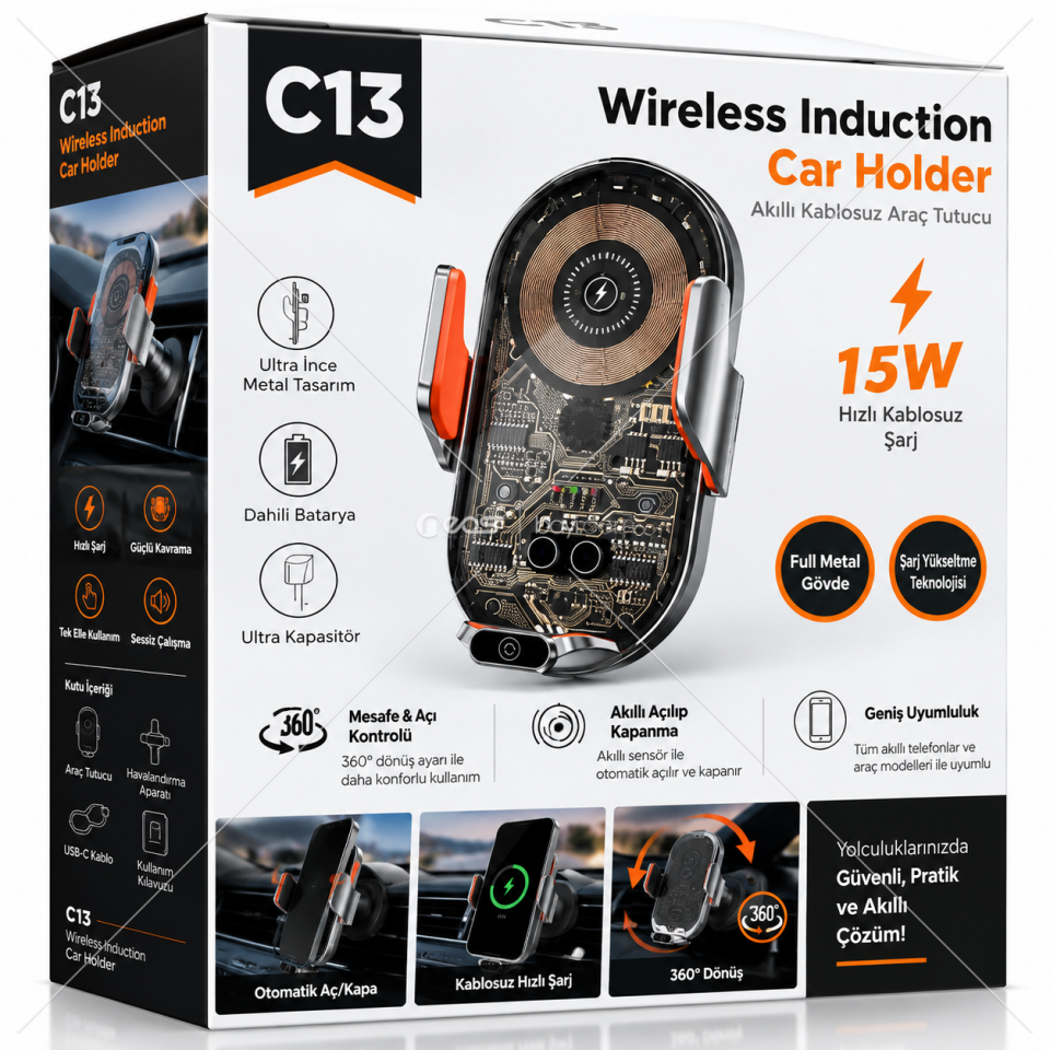 C13 15W HIZLI ŞARJLI AKILLI KABLOSUZ ARAÇ TELEFON TUTUCU – OTOMATİK AÇILIR/KAPANIR 360° DÖNER