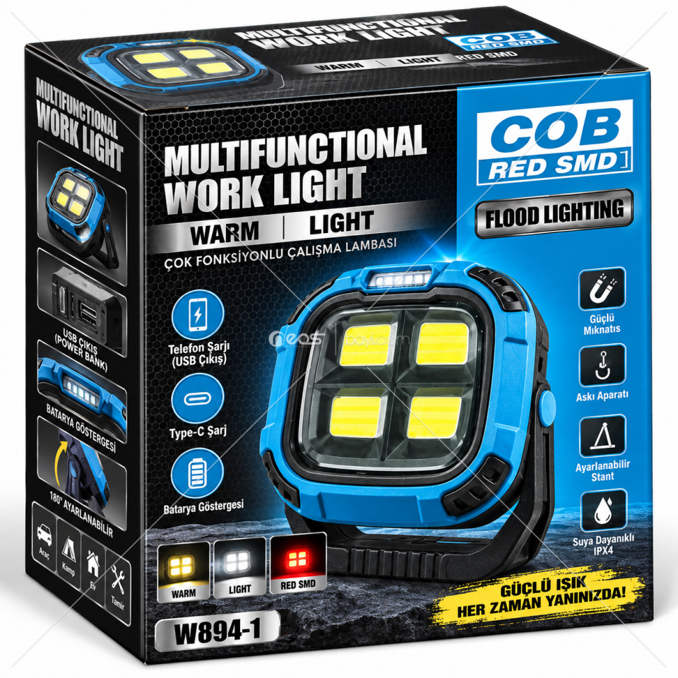 W894-1 Çok Fonksiyonlu COB LED Çalışma Lambası – Powerbank Özellikli, Type-C Şarjlı, Mıknatıslı Kamp & Acil Durum Feneri