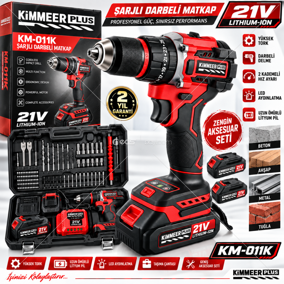 KIMMEER PLUS KM-011K 21V Şarjlı Darbeli Matkap – Çift Akülü Profesyonel Aksesuar Setli