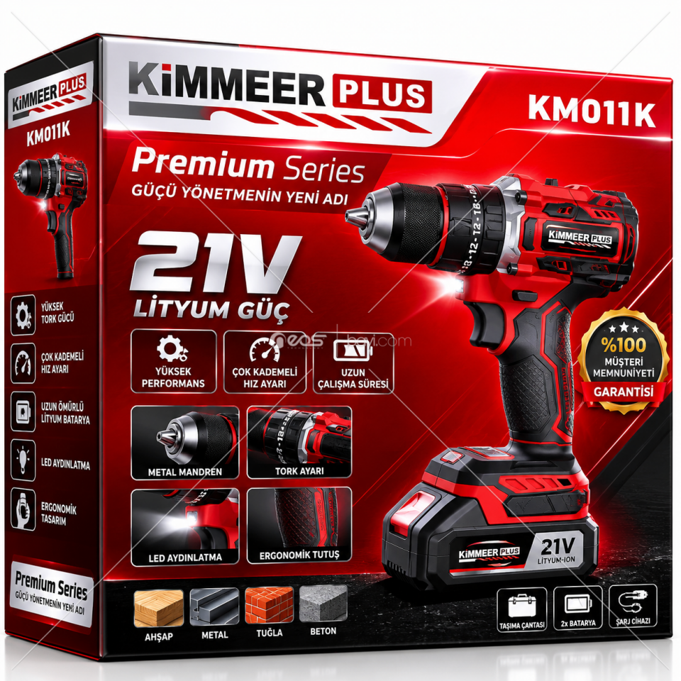 KIMMEER PLUS KM-011K 21V Şarjlı Darbeli Matkap – Çift Akülü Profesyonel Aksesuar Setli