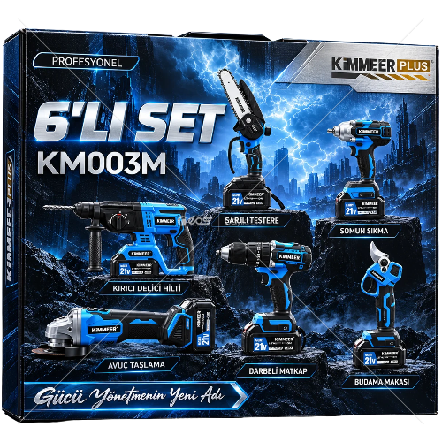 KIMMER PLUS 21V 6’lı Lityum Şarjlı Profesyonel El Aletleri Seti – 3 Bataryalı, Aksesuarlı Çantalı Set