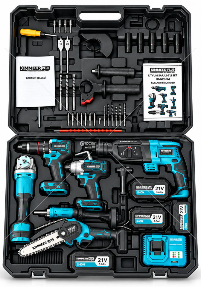 KIMMER PLUS 21V 6’lı Lityum Şarjlı Profesyonel El Aletleri Seti – 3 Bataryalı, Aksesuarlı Çantalı Set