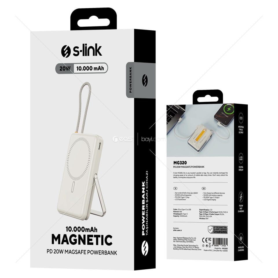 S-link MG320 10000mAh PD20W Magsafe 15W Kablosuz Type-C Beyaz Taşınabilir Metal Şarj Cihazı Powerbank