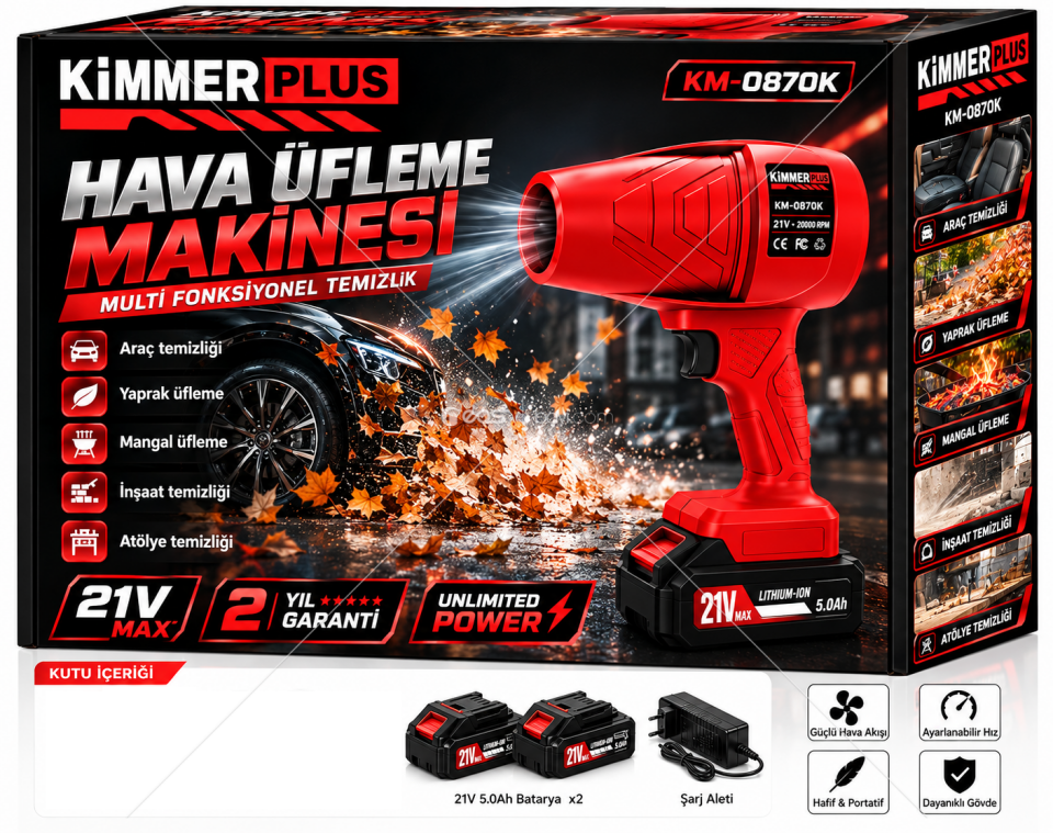 KİMMERPLUS KM-0870K 21V ŞARJLI HAVA ÜFLEME MAKİNESİ – 2 BATARYALI