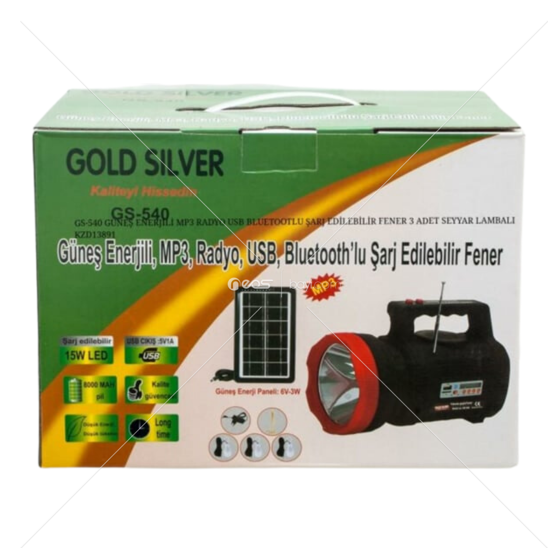 GOLD SİLVER GS-540 Güneş Enerjili, Mp3, Radyo, Bluetooth'lu Fener 3 AMPÜL+