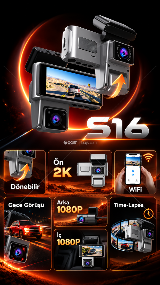 NEOS S16 2K 3CH IR Döner Araç İçi Kamera – Ön/İç/Arka Kamera, WiFi, Gece Görüşü, G-Sensör, Park Modu