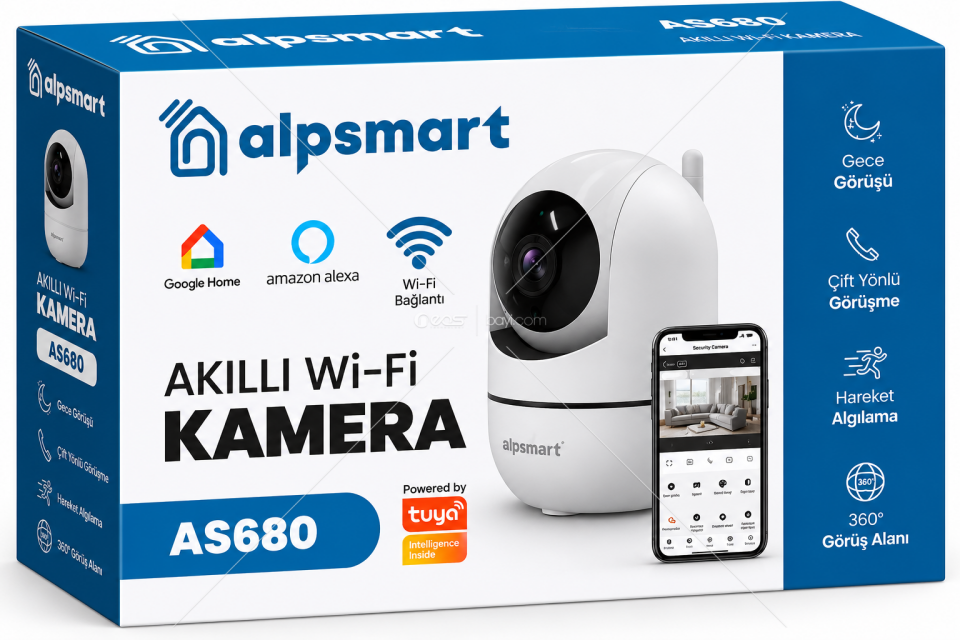ALPSMART AS680 Akıllı Wi-Fi 360° Güvenlik Kamerası – Gece Görüşlü, Hareket Algılamalı, Çift Yönlü Sesli, Tuya Destekli