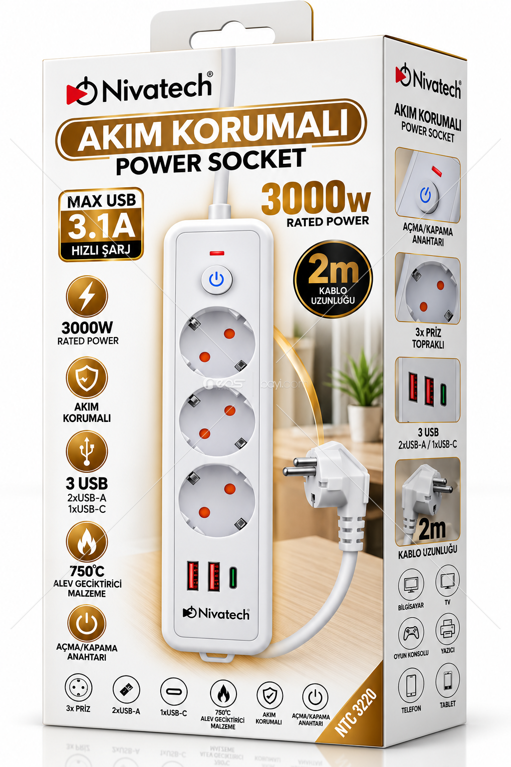 Nivatech NTC-3220 3000W Akım Korumalı 3’lü Priz – 2x USB-A + USB-C, 3.1A Hızlı Şarj, 2 Metre Kablo, Açma/Kapama Anahtarlı