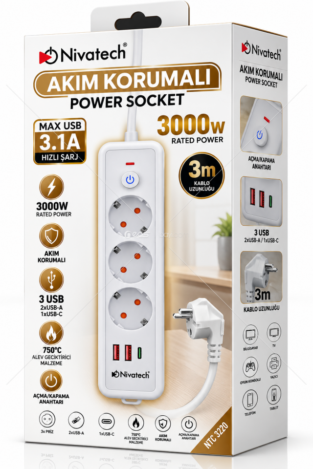 Nivatech NTC-3220 3000W Akım Korumalı 3’lü Priz – 3 Metre Kablo, 2x USB-A + 1x USB-C, 3.1A Hızlı Şarj, Açma/Kapama Anahtarlı