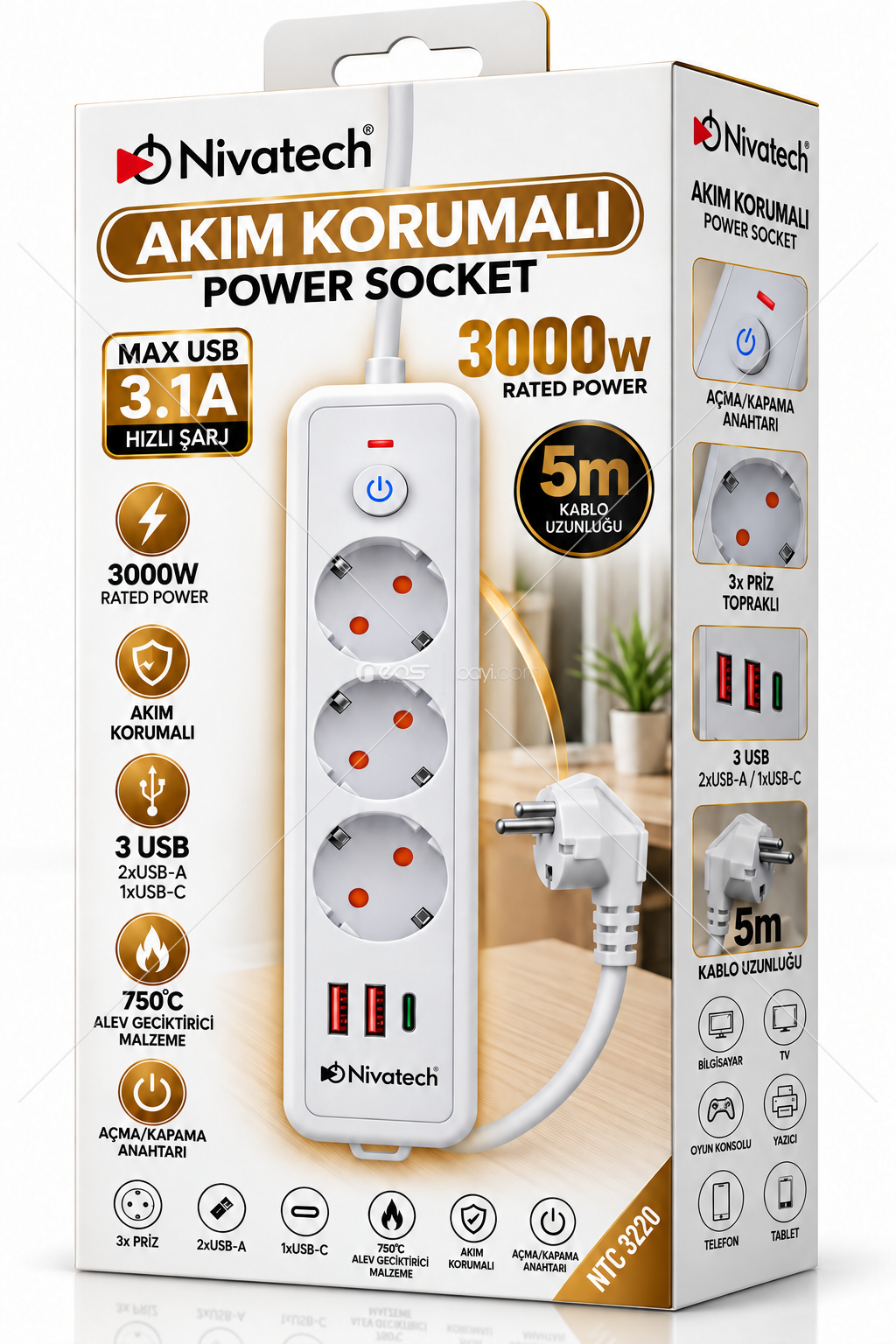 Nivatech NTC-3220 5 Metre 3000W Akım Korumalı 5’li Topraklı Priz – 2x USB-A + 1x USB-C, 3.1A Hızlı Şarj, Açma/Kapama Anahtarlı