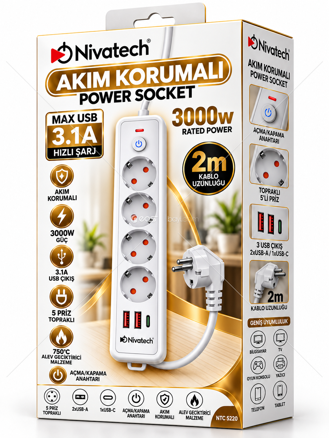 Nivatech NTC 5220 3000W Akım Korumalı 5’li Topraklı Priz – 2 Metre Kablo, 2x USB-A + 1x USB-C, 3.1A Hızlı Şarj