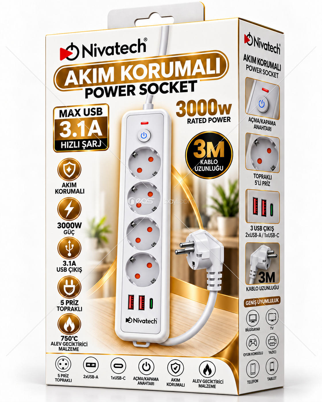 Nivatech NTC 5220 3000W Akım Korumalı 5’li Topraklı Priz – 3 Metre Kablo, 2x USB-A + 1x USB-C, 3.1A Hızlı Şarj