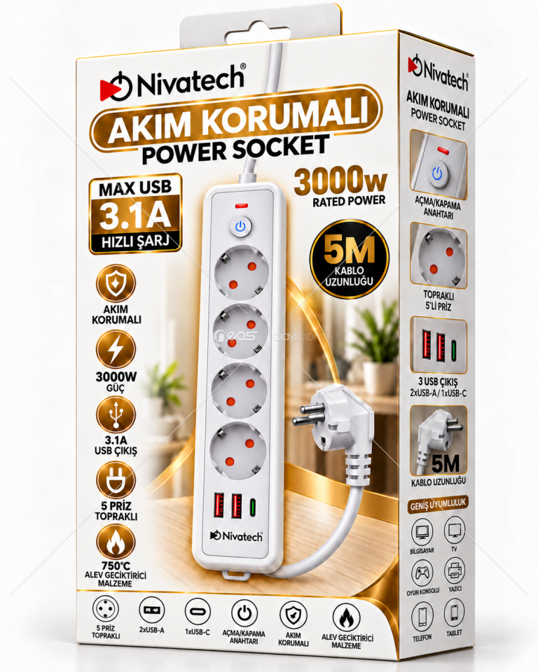 Nivatech NTC 5220 3000W Akım Korumalı 5’li Topraklı Priz – 5 Metre Kablo, 2x USB-A + 1x USB-C, 3.1A Hızlı Şarj
