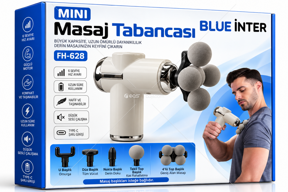 BLUEİNTER FH-628 Mini Masaj Tabancası – 6 Kademeli Hız Ayarı, Type-C Şarjlı, 5 Başlıklı Profesyonel Kas Masaj Cihazı