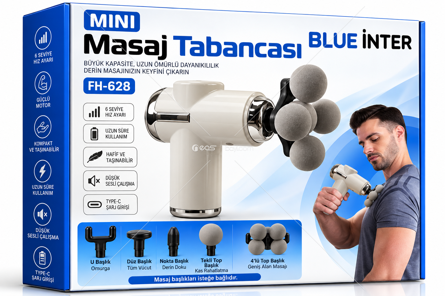 BLUEİNTER FH-628 Mini Masaj Tabancası – 6 Kademeli Hız Ayarı, Type-C Şarjlı, 5 Başlıklı Profesyonel Kas Masaj Cihazı
