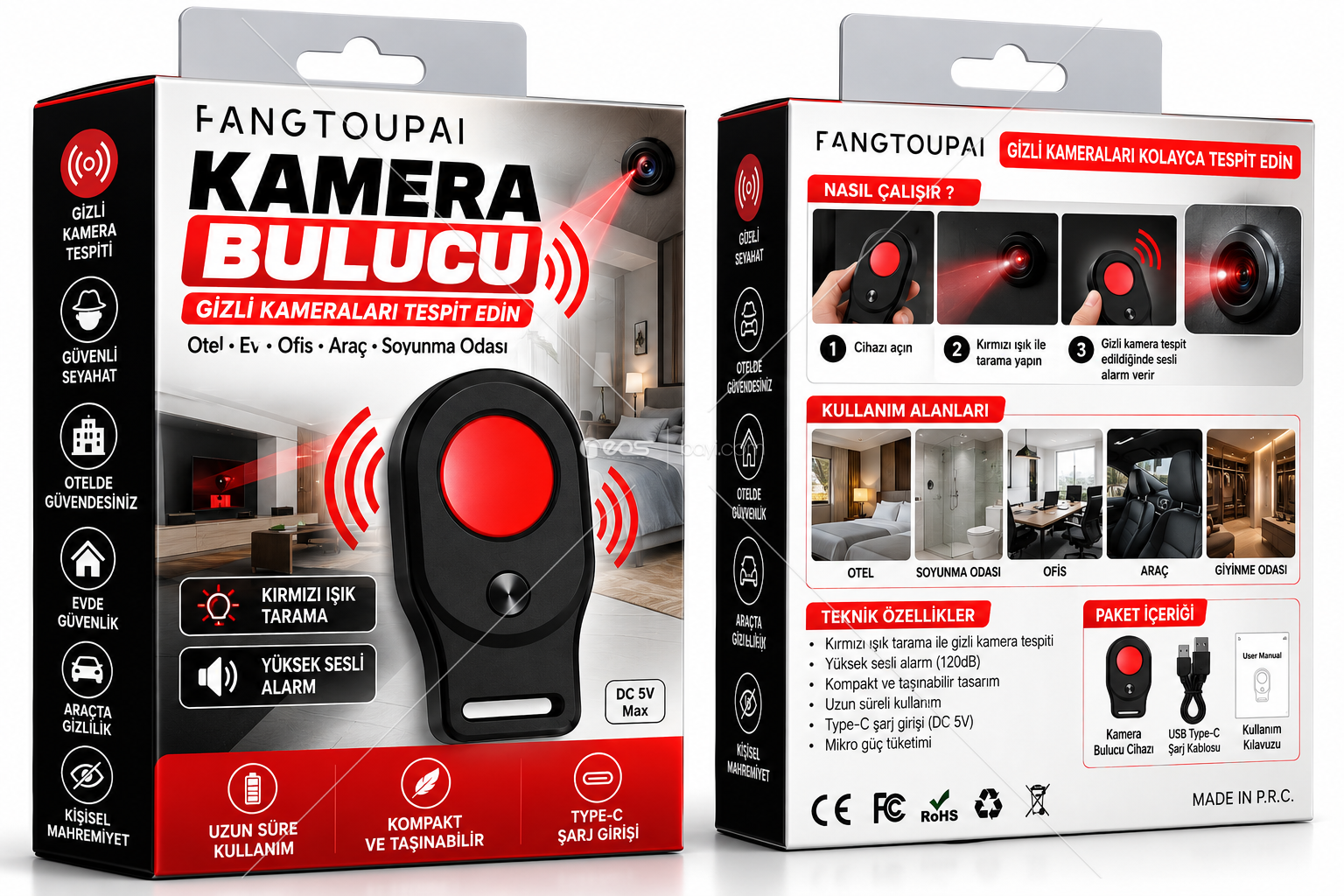 BLUEİNTER  FANGTOUPAI Gizli Kamera Bulucu – Kırmızı Işık Tarama, 120dB Sesli Alarm, Type-C Şarjlı Taşınabilir Kamera Dedektörü