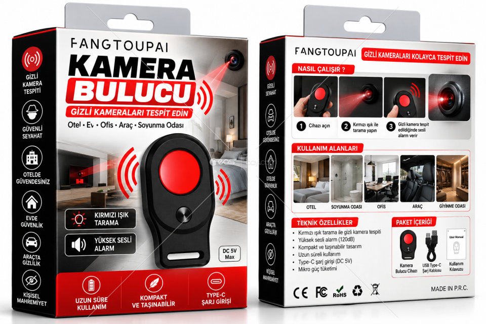 BLUEİNTER  FANGTOUPAI Gizli Kamera Bulucu – Kırmızı Işık Tarama, 120dB Sesli Alarm, Type-C Şarjlı Taşınabilir Kamera Dedektörü