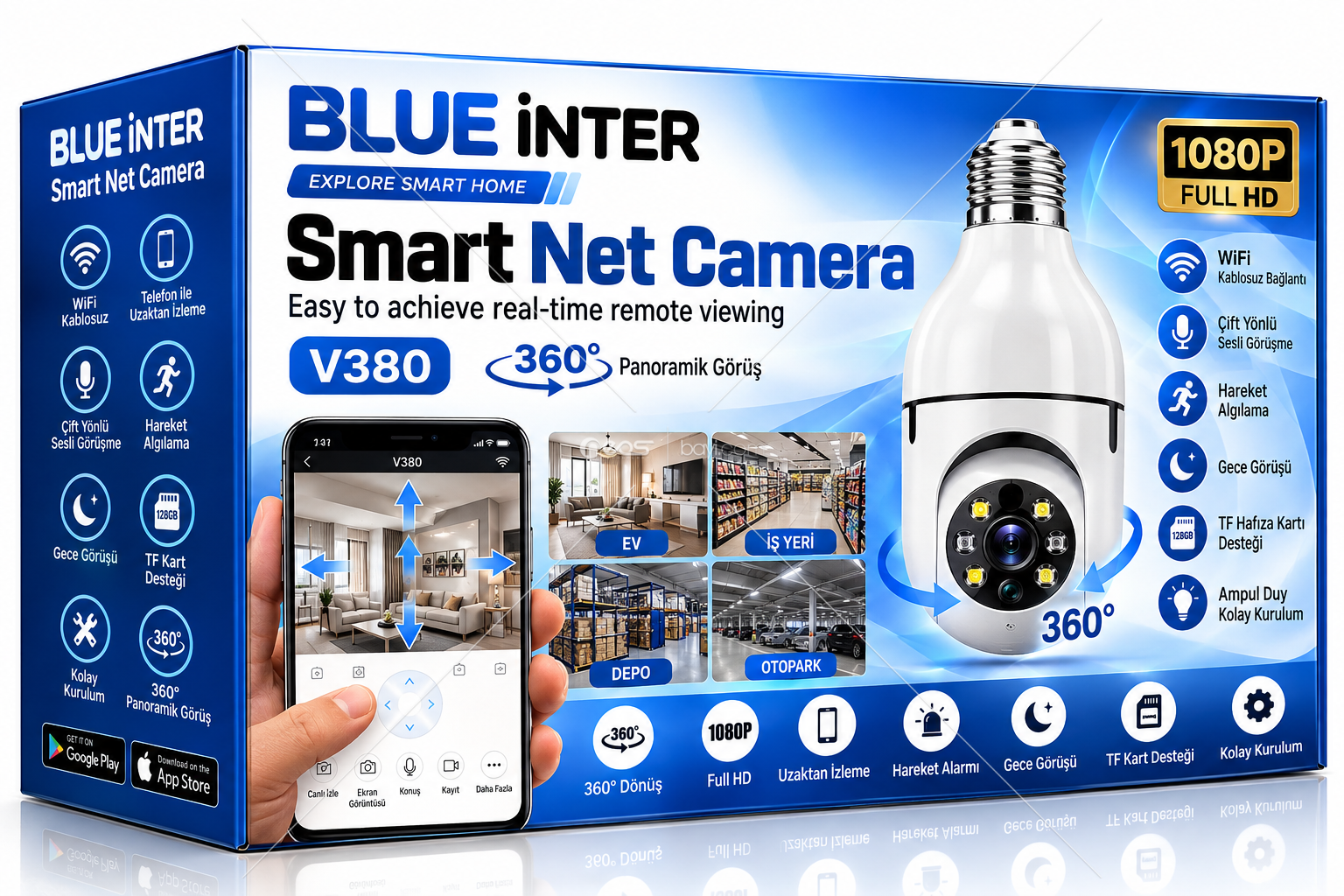 BLUEİNTER İSİM HAZIRLA BLUEİNTER V380 1080P Full HD Akıllı Ampul Kamera – WiFi, 360° Panoramik Görüş, Gece Görüşü, Hareket Algılama, Çift Yönlü Ses, TF Kart Destekli