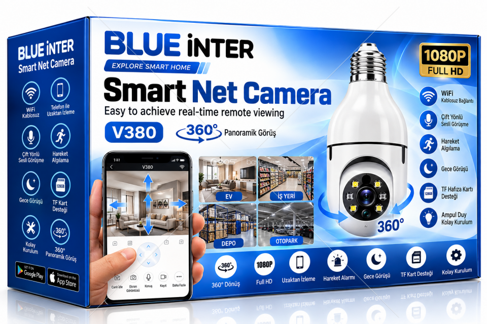 BLUEİNTER İSİM HAZIRLA BLUEİNTER V380 1080P Full HD Akıllı Ampul Kamera – WiFi, 360° Panoramik Görüş, Gece Görüşü, Hareket Algılama, Çift Yönlü Ses, TF Kart Destekli