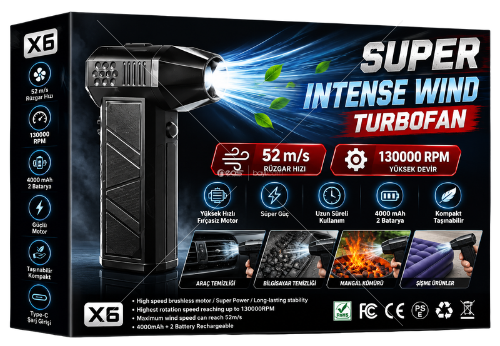 BLUEİNTER X6 Turbo Fan – 52 m/s Yüksek Hızlı Hava Üfleyici, 130.000 RPM Güçlü Motor, 4000 mAh Çift Batarya, Type-C Şarjlı