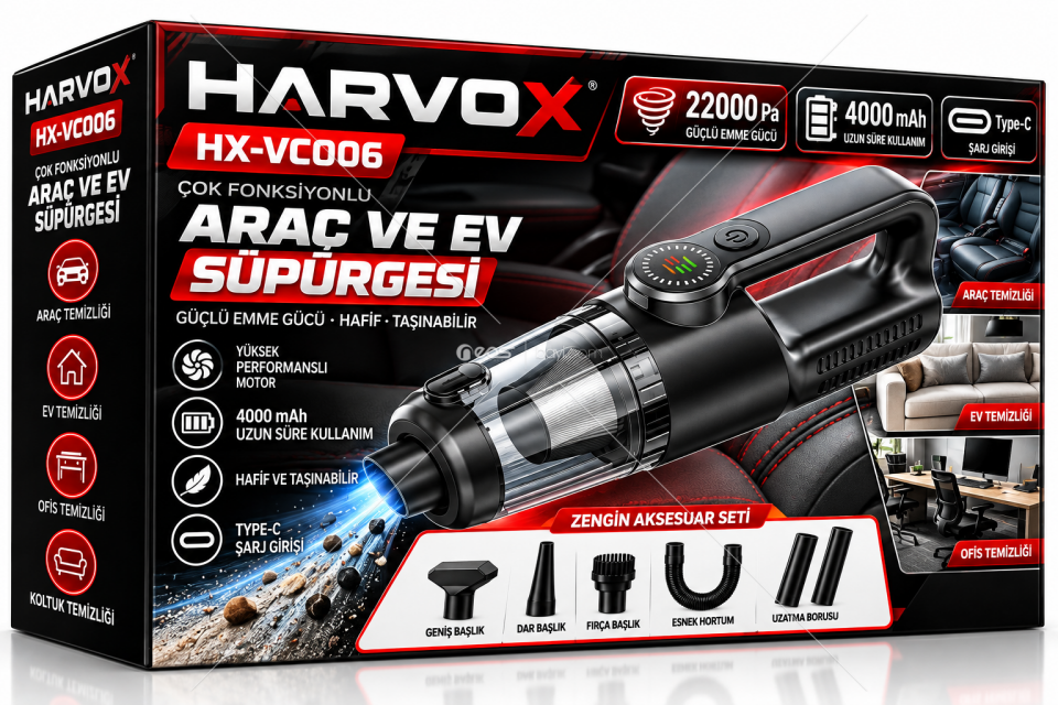 HARVOX HX-VC006 22000Pa Çok Fonksiyonlu Araç ve Ev Süpürgesi – 4000mAh Batarya, Type-C Şarj, Güçlü Emiş, Zengin Aksesuar Setli