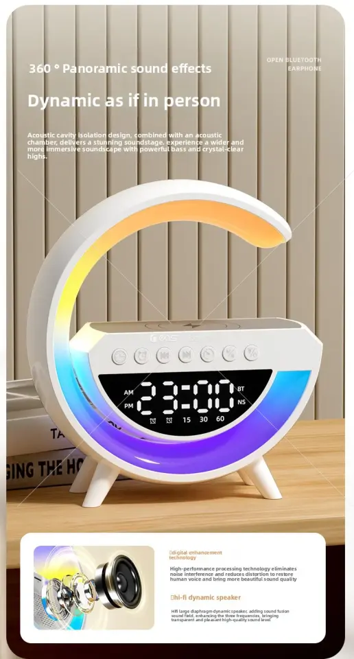 BT-3401 G-Tasarımlı Rgb Kablosuz Şarj Özellikli Dijital Saatli Bluetooth Hoparlör