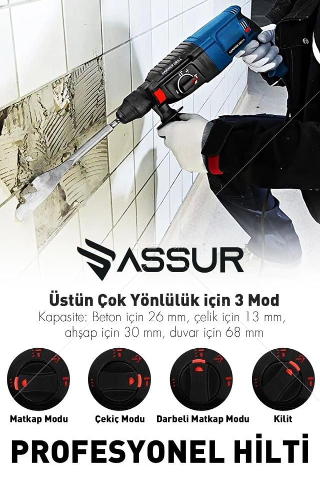 ASSUR PLUS Pro Kırıcı Delici Darbeli Hilti Matkap 2-28mm