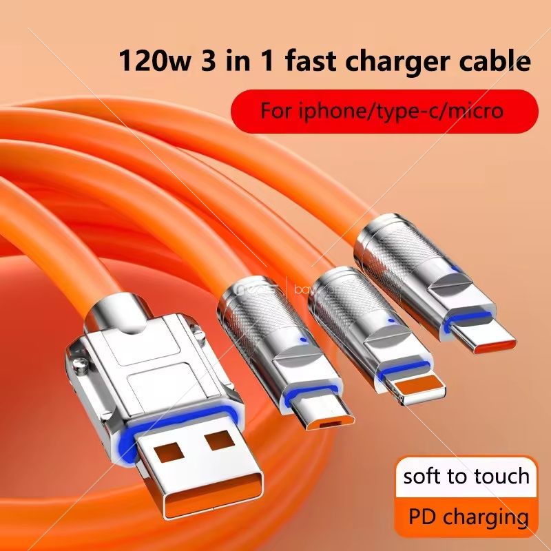 3'ü 1 arada 6A 120W USB Hızlı Şarj Kablosu Telefon İçin Mikro USB Type-C Şarj Kablosu