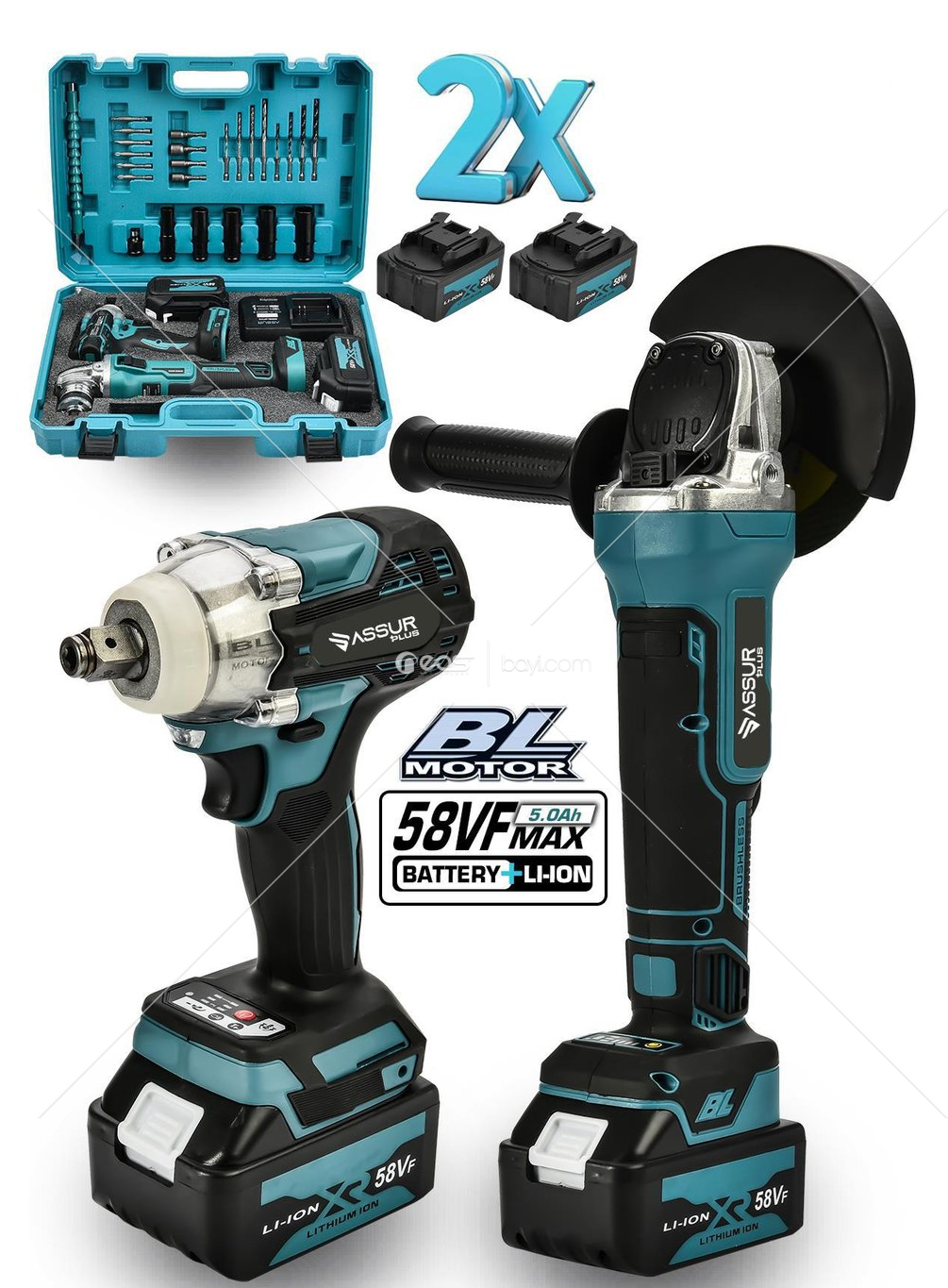 ASSUR Ultra Ikili Set Şarjlı Taşlama Şarjlı Somun Sıkma Sökme 58vf Mavi Renk