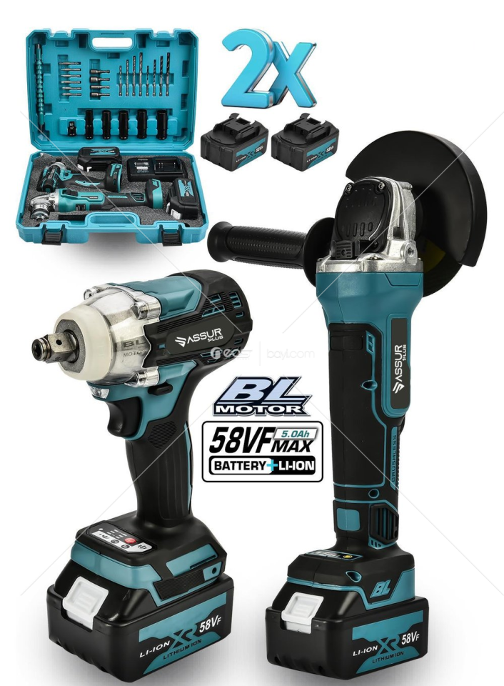 ASSUR Ultra Ikili Set Şarjlı Taşlama Şarjlı Somun Sıkma Sökme 58vf Mavi Renk