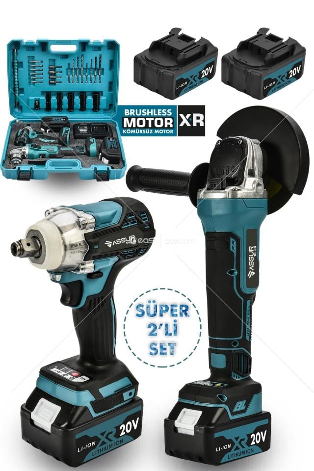 ASSUR Ultra Ikili Set Şarjlı Taşlama Şarjlı Somun Sıkma Sökme 58vf Mavi Renk