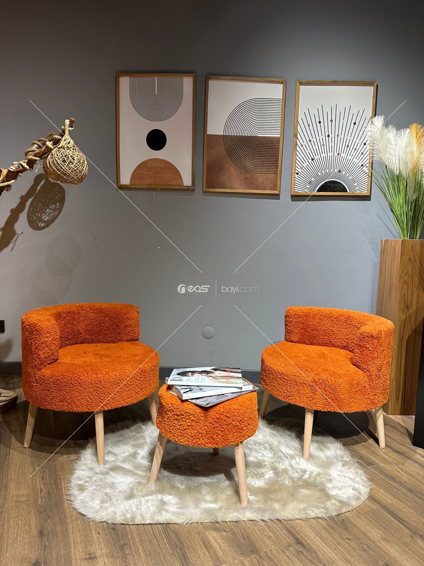 Comfort Tarçın Rengi Çay Seti Ve Peluş Ikili Berjer & Puf Takımı - 3'lü Set