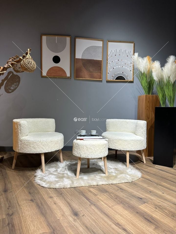 Comfort BEYAZ Rengi Çay Seti Ve Peluş Ikili Berjer & Puf Takımı - 3'lü Set