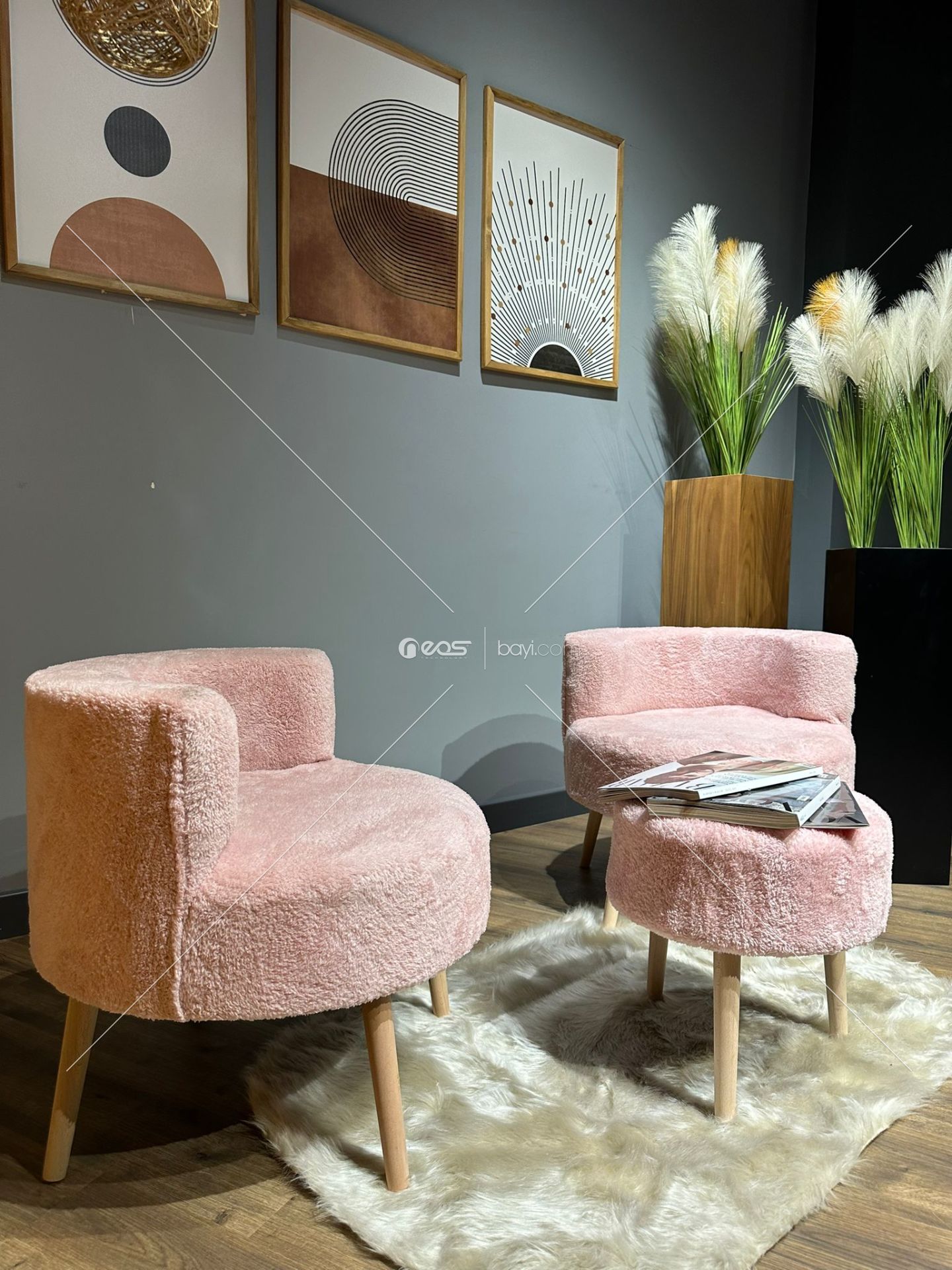 Comfort PEMBE Rengi Çay Seti Ve Peluş Ikili Berjer & Puf Takımı - 3'lü Set