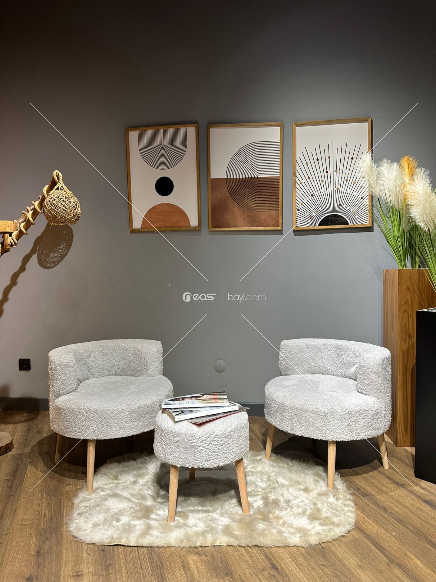 Comfort GRİ Rengi Çay Seti Ve Peluş Ikili Berjer & Puf Takımı - 3'lü Set