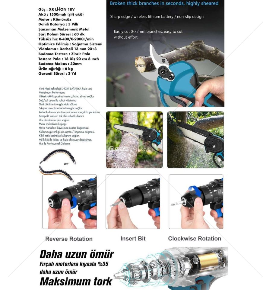 3 lü Set XR LI-ION Batarya Kömürsüz Motor Çift Akülü Şarjlı Matkap Şarjlı
