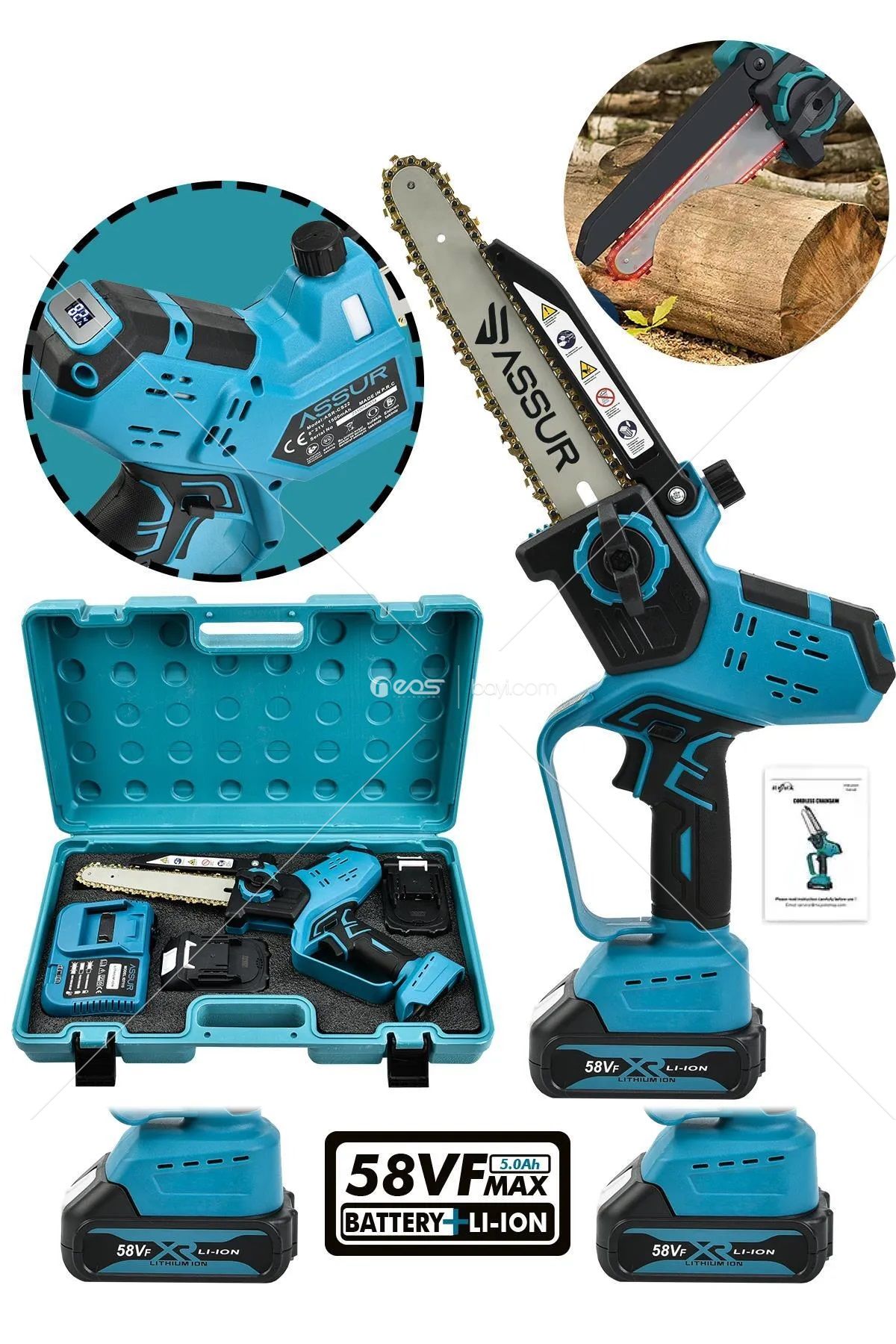 ASSUR Dijital 766 Gösterge Şarjlı El Testeresi Ağaç Odun Dal Kesme Budama Kömürsüz Motor Otomatik Yağlamalı