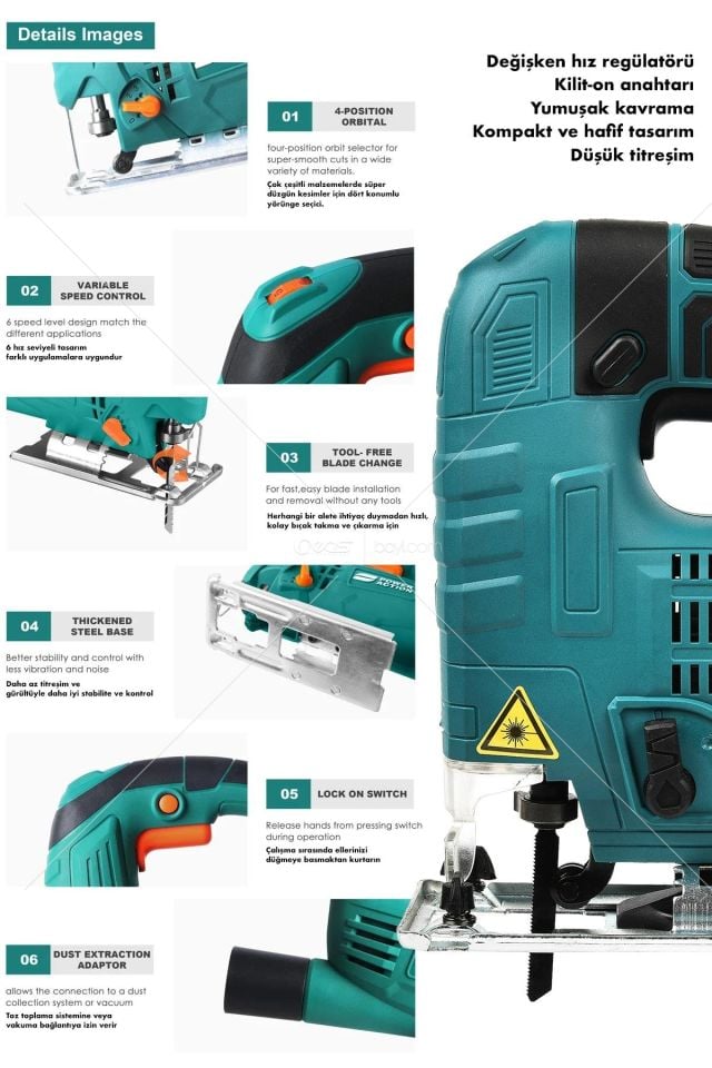 Assur Plus Professional Devir Ayarlı Dekupaj Bıçkı Testere Makinası Bakır Sargılı 800 W Mavi