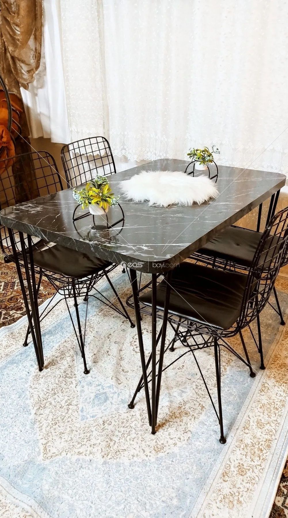 SİYAH Yemek Masası Mutfak Masa 4 Kişilik Tel Sandalye Yeni Model Sandalye 60/120