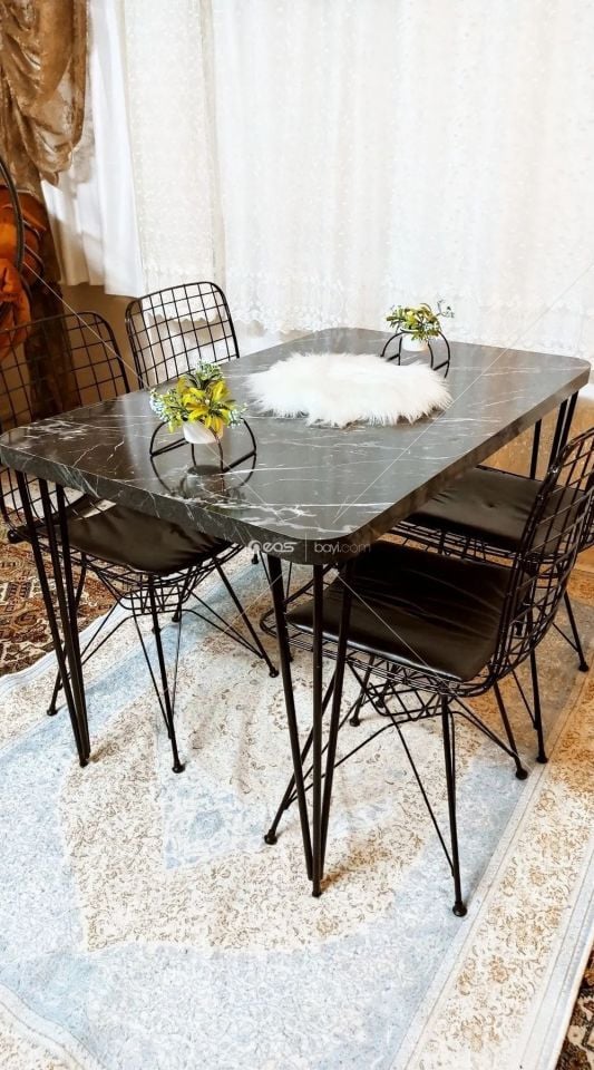 SİYAH Yemek Masası Mutfak Masa 4 Kişilik Tel Sandalye Yeni Model Sandalye 60/120
