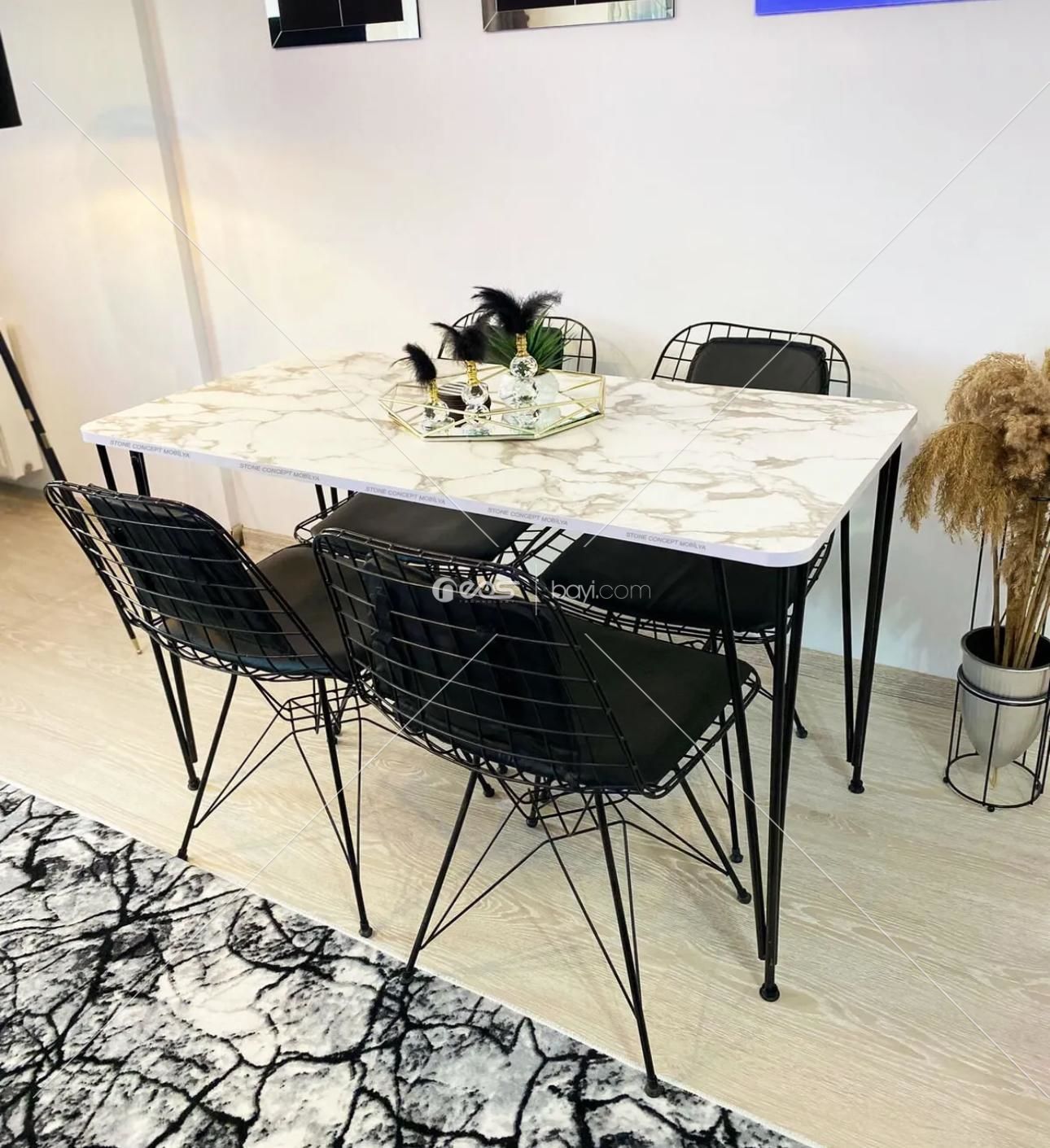 BEYAZ Yemek Masası Mutfak Masa 4 Kişilik Tel Sandalye Yeni Model Sandalye 60/120